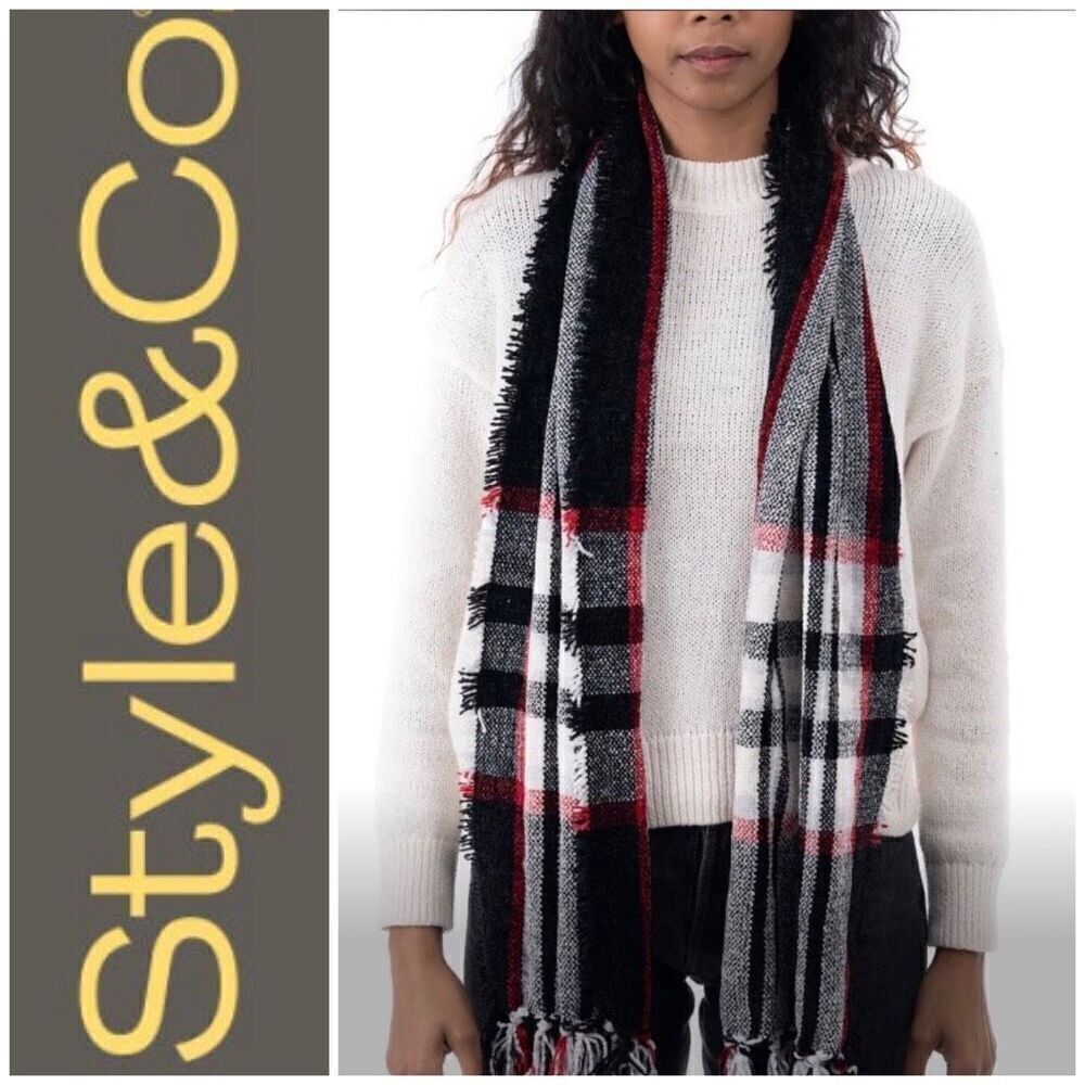 STYLE & CO. - NWT Macy's Soft Chenille Plaid Scarf w/Fringe - 64" x 13"